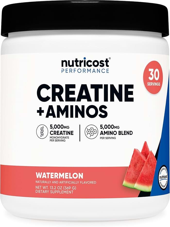 Nutricost Creatine + Aminos 30 Servings (Watermelon Flavored) - 5,000mg Creatine Monohydrate + 5000mg Amino BCAA Blend Per Serving - Product Image