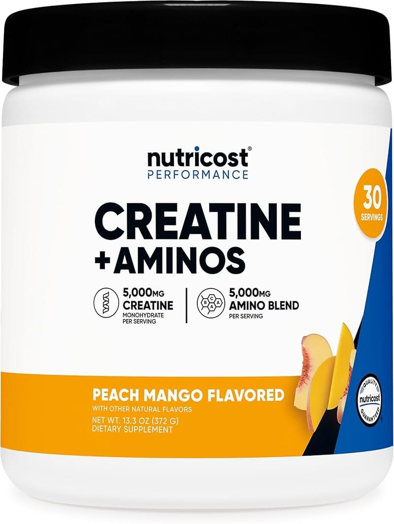 Nutricost Creatine + Aminos 30 Servings (Peach Mango Flavored) - 5,000mg Creatine Monohydrate + 5000mg Amino BCAA Blend Per Serving - Product Image