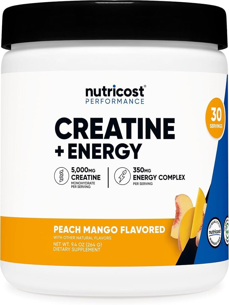 Nutricost Creatine + Energy 30 Servings (Peach Mango Flavored) - 5,000mg Creatine Monohydrate + 350mg Energy Complex Per Serving - Product Image