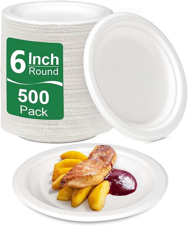 Uniecocus Small Plates Disposable, 6 Inch Paper Plates Bulk Heavy Duty, Compostable, White, 500 Count - Product Image