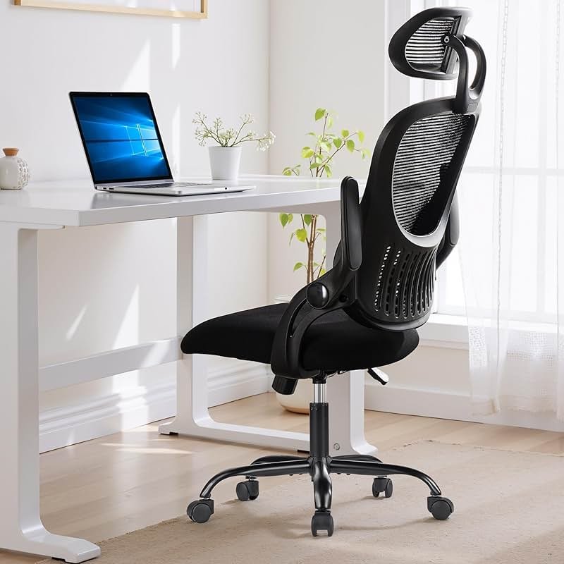 Ergonomic Office Chair, High-Back Computer Desk Mesh Swivel Task Chairs with Flip-up Armrest Adjustable Headrests, Comfortable Lumbar Support Rolling Wheels, for Home, Work, Study, Black - Product Image