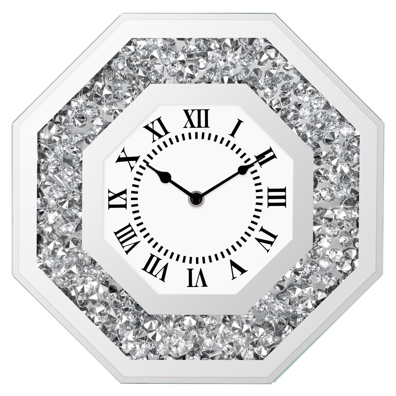 Couperos Diamond Mirrored Round Large Wall Clocks for Living Room Decor, Silver Crystal Sparkle Twinkle Bling Diamond Glass Wall Clock Decorative for Bedrooms Home Office (Octagon) - Product Image