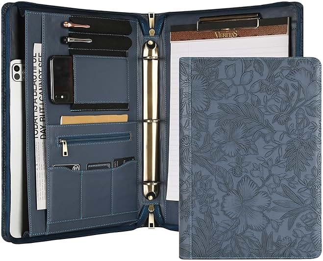 Handmade Leather Portfolio, Embossed Vegan Leather Padfolio Folio, Zipper Portfolio with A4 Letter Sized, Writing Pad Holder, Gifts for Women/Men, Blue - Product Image