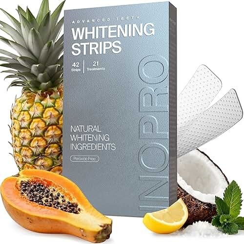 InoPro Natural Teeth Whitening Strips Kit 21 Treatments - Sensitive Teeth Whitener, Peroxide Free with Papain, Bromelain, Coconut Oil, White Strips for Teeth Whitening (42 Strips) - Product Image