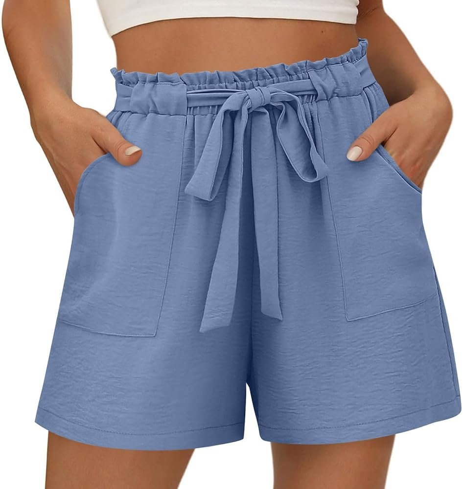 Womens Summer Shorts with Pockets Lightweight High Waisted Linen Shorts Adjustable Tie Knot Loose Casual Short - Product Image