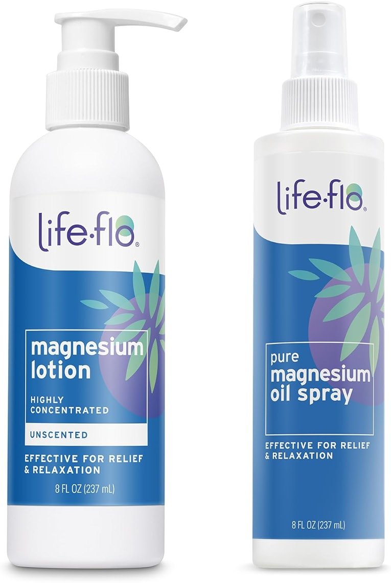LIFE-FLO Magnesium Lotion and Pure Magnesium Oil Spray Bundle - with Magnesium Chloride from The Zechstein Seabed - 100% Magnesium Oil for Feet and Body and Unscented Lotion, 8 Oz Pack of 2, Unscented - Product Image
