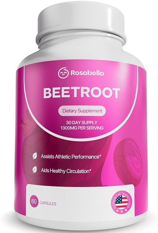 Rosabella Organic Beet Root Capsules - 1300mg Beet Root Powder Aids Healthy Circulation & Vitality, Non-GMO, Beet Root Supplement - 60 Capsules, 30-Day Supply - Product Image