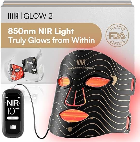 INIA Red Light Therapy Mask for Face – 4 Light Modes with 850nm NIR, Red & Blue LED Light Therapy, 2600mAh Rechargeable LED Face Mask for Radiant Glow at Home, Black - Product Image
