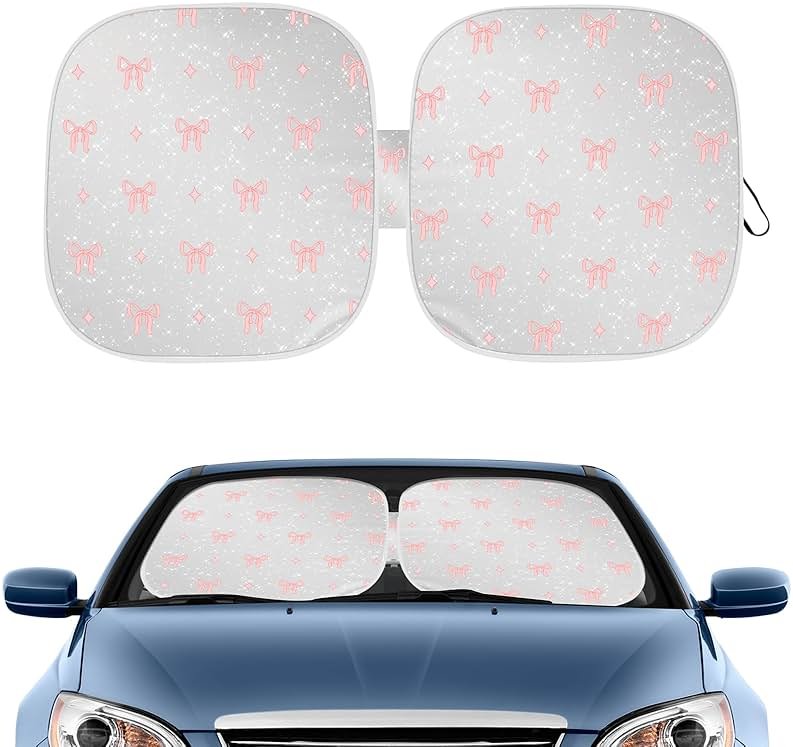 Pink Bow Print Car Windshield Sun Shade, Foldable Reflective UV Protection Sun Visor with Storage Pouch, Auto Interior Accessories for Sedan, SUV, Hatchback - Product Image