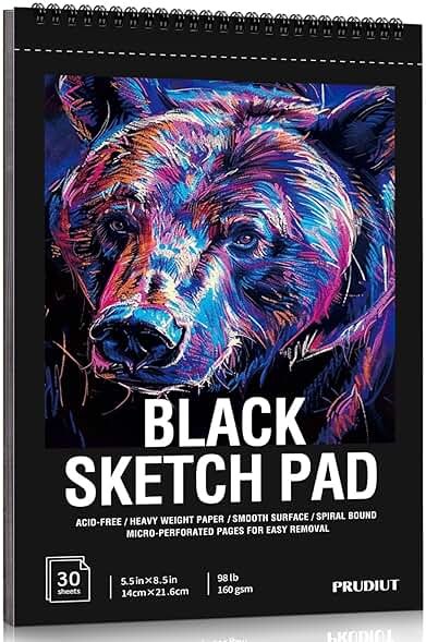 30 Sheets Black Paper Sketchbook, 98lb/160gsm Heavyweight Black Sketch Pad 5.5×8.5in, Acid-Free Drawing Paper, Spiral Bound Sketch Book for Kids, Teens, Artist - Product Image