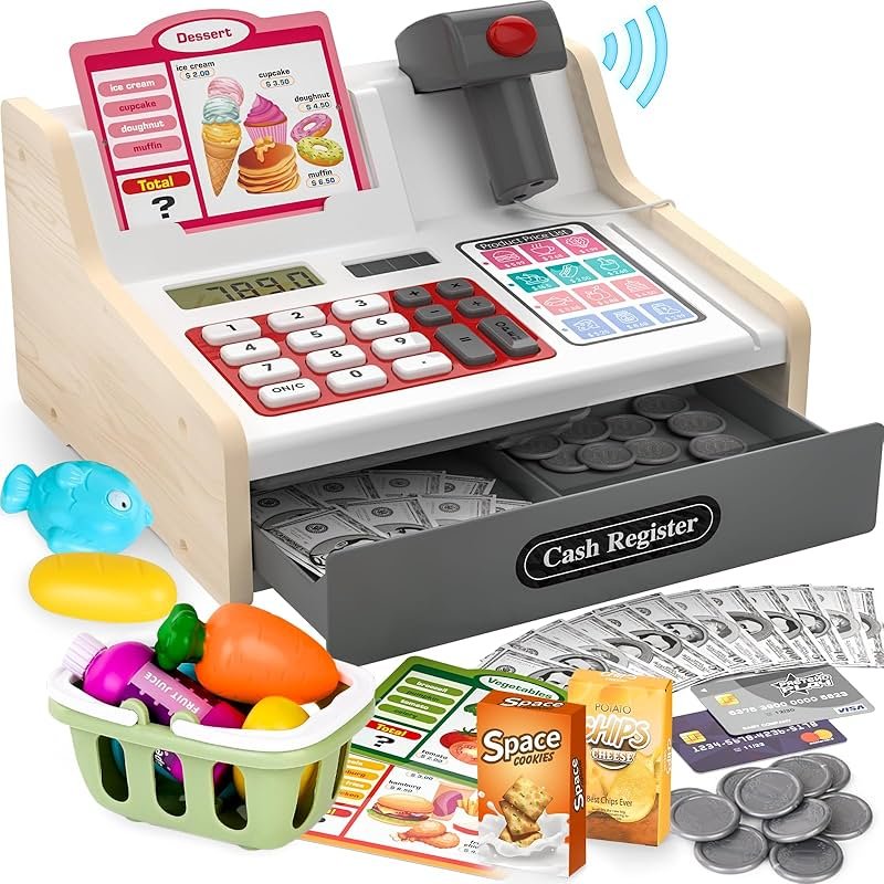 maysida Rechargeable Wooden Kids Cash Register with Scanner, Pretend Play Cash Register Toy with Fake Money, Food, Credit Card, Toddler Boys Girls Age 2-4 4-8 - Product Image