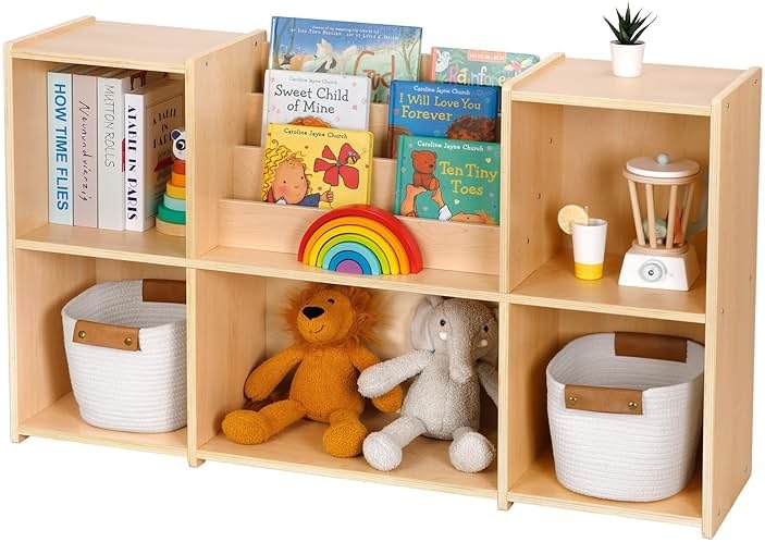 OOOK Montessori Bookshelf and Toy Storage Organizer, 2-Tier Horizontal Bookshelf, 5-Compartment Toy Storage Cabinet with Book Rack, Ideal Choice for Kids Classroom Organizer, Playroom and Daycare - Product Image