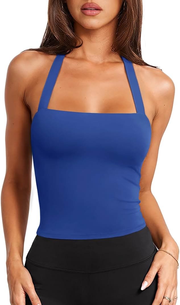 LASLULU Womens Sexy Halter Sports Bra Workout Tops Wirefree Sleeveless Gym Yoga Tank Tops Y2k Casual Crop - Product Image
