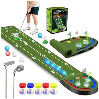 TERRAMUS Upgraded Golf Putting Mat for Kids, Putting Green with LED Light up Holes, Glowing Balls, 2 Clubs, Toy Golf Set, Golfing Mats Indoor Outdoor, Sport Game Golf Gift for for Kids Teens Family - Product Image