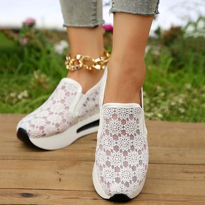 Floral Embroidery Breathable Sheer Mesh Sneakers for Women 2025 Spring Glitter Mesh Casual Sneakers Platform Wedge Floral Shoes Slip On Dressy Tennis Shoes for Outdoor Walking - Product Image
