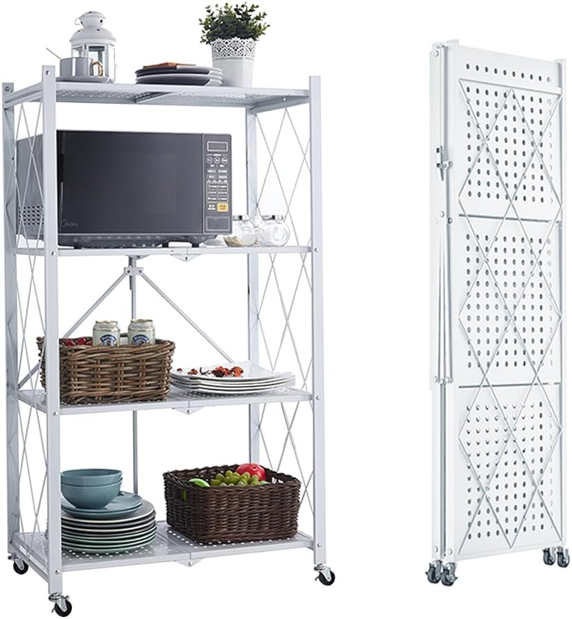 Foldable Storage Shelves with Wheels, Folding Shelving Units Storage, Heavy Duty Metal Collapsible Shelf No Assembly, Large Capacity Pop-Up Organizer for Garage,Kitchen,Living Room, 4-Tier White - Product Image