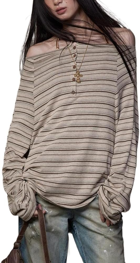 Women's Y2K Off Shoulder Striped T Shirt Emo Harajuku Oversized Grunge Shirt Long Sleeve Vintage Streetwear Clothes - Product Image