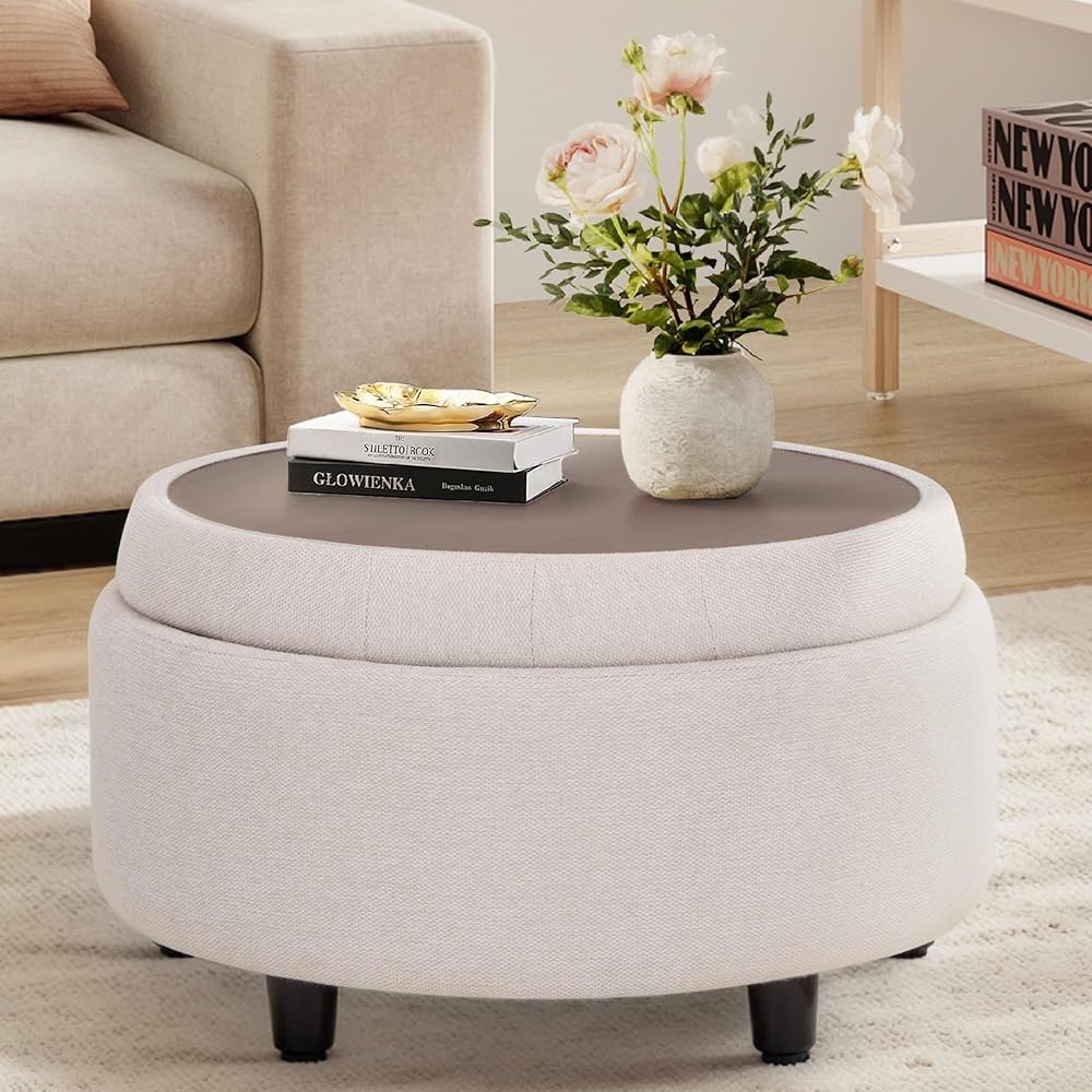 COLAMY Fabric Round Storage Ottoman with Reversible Tray Lid – Multi-Functional Footrest, Hidden Storage, Sturdy & Stylish Small Coffee Table for Living Room, Bedroom, or Entryway(Beige) - Product Image