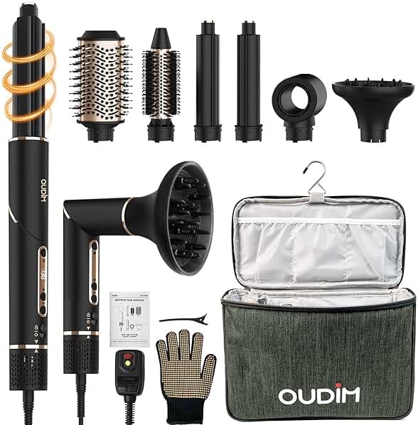 OUDIM 6-in-1 Multi-Functional Hot Air Comb, Interchangeable Brush Head, Negative Ion Hair Dryer Brush and Styler, Brushless Motor with 110000 RPM High-Speed, Rapid Drying, Storage Bag. - Product Image
