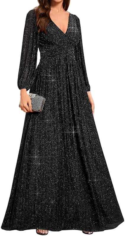 Ever-Pretty Women's A-Line Glitter Formal Dresses V-Neck Long Sleeves Floor Length Evening Gowns Mother of Bride Dress - Product Image