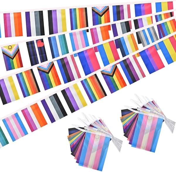 Lebei 2 Pack Progress Gay Pride Flags Banner Bunting Rainbow LGBTQ Intersex Garland String Decorations 40Feet 30Flags 5x8 Inch - Product Image