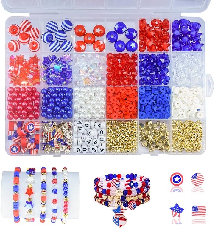1608pcs 4th of July Patriotic Beads for Jewelry Making Independence Day Red White Blue Heishi Stars USA Letter Beads with America Flag Heart Hat Pendant Accessories for DIY (White Blue Red) - Product Image
