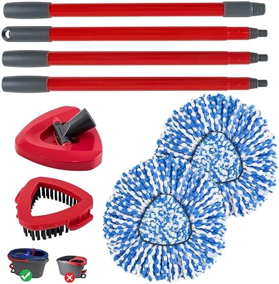 Spin Mop Handle,Mop Head,Base and Brush for OCedar RinseClean 2 Tank System,Include 2 Microfiber Spin Mop Replacement Head,4 Section 30-58" Iron Mop Handle,1 Base and 1 Scrub Brush for Floor Cleaning - Product Image