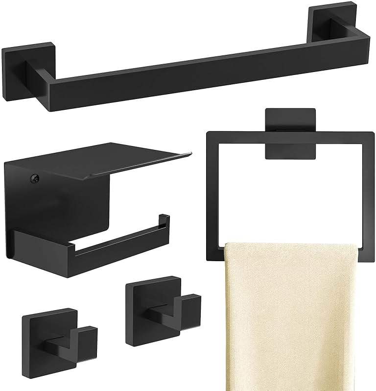 STWWO Matte Black Bathroom Accessories Hardware Set 5-Piece, Stainless Steel Towel Racks for Bathroom, 16 Inch Bath Towel Bar Set Wall Mounted - Product Image