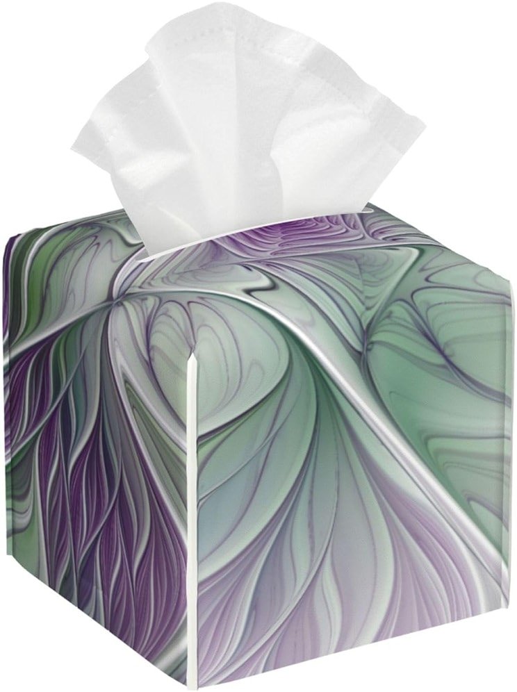 Flower Dream, Abstract Purple Green Fractal Art Luxury Leather Tissue Box with Elegant Tissue Lid and Sophisticated Office Decoration - Product Image