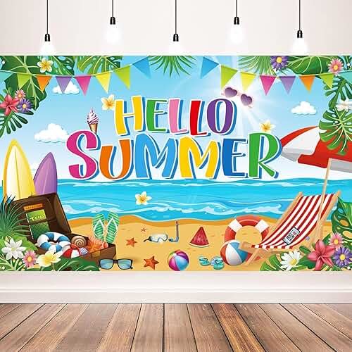 Summer Party Decorations, Hello Summer Beach Party Backdrop Banner, Colorful Beach Scene Photography Background,71 x 43 inches - Product Image