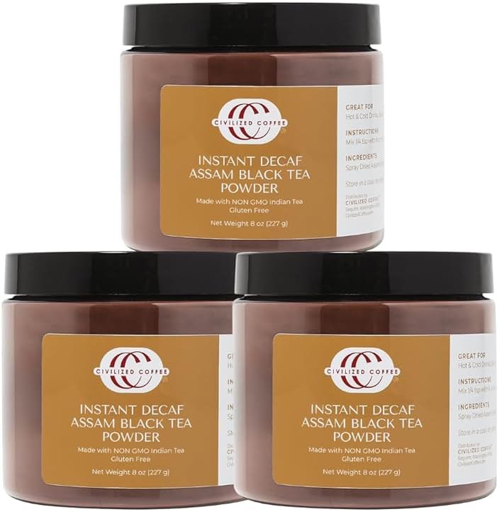 Civilized Coffee Instant Decaf Assam Black Tea Powder, 8 oz Jars (3-Pack) | Real Brewed Decaf Black Tea, Approximately 900 Servings, Hot or Iced Tea, No Tea Bags Required, Baking Applications - Product Image