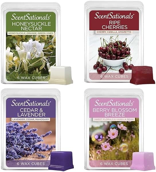 ScentSationals Wax Melts Down to Earth 4pk – Long Lasting Wax Cubes with Strong Scent for Warmers, Includes Cedar & Lavender, Honeysuckle Nectar, Berry Blossom Breeze & Ripe Cherries – 10oz (24-Cubes) - Product Image