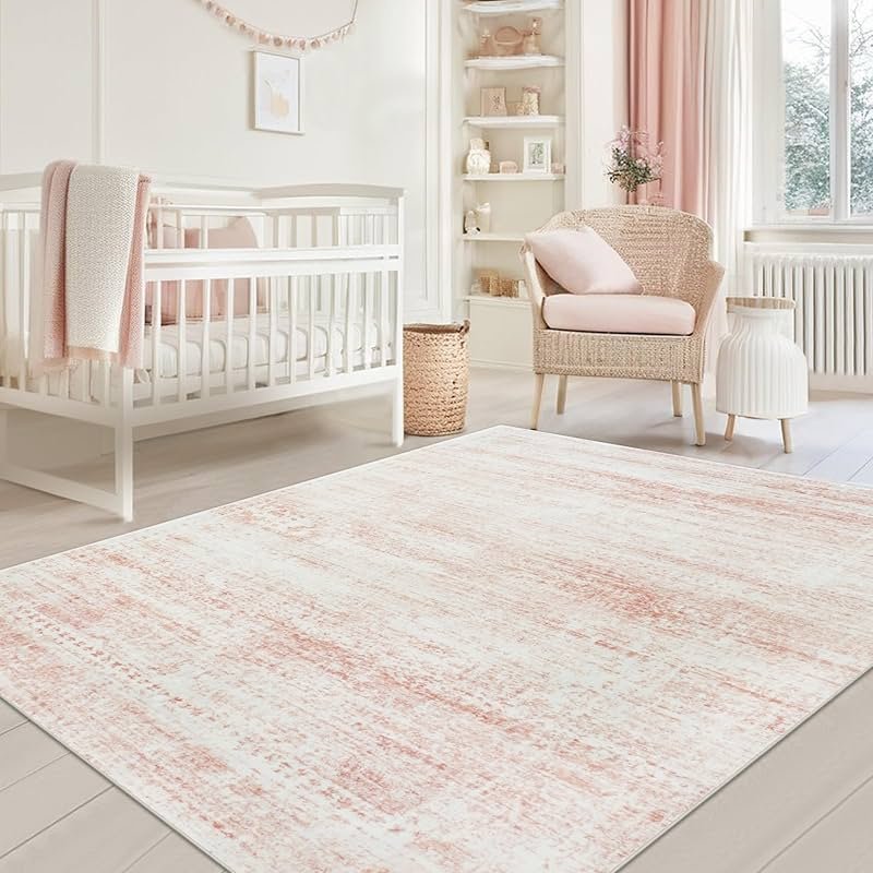 Srugn Washable Rugs 5x7 Area Rugs for Living Room,Bedroom,Dining Room- Ultra Soft Faux Wool Nursery Rug for Baby Girl,Neutral Light Pink Low Pile Vintage Carpets for Dorm Kids Playroom,Non Slip - Product Image