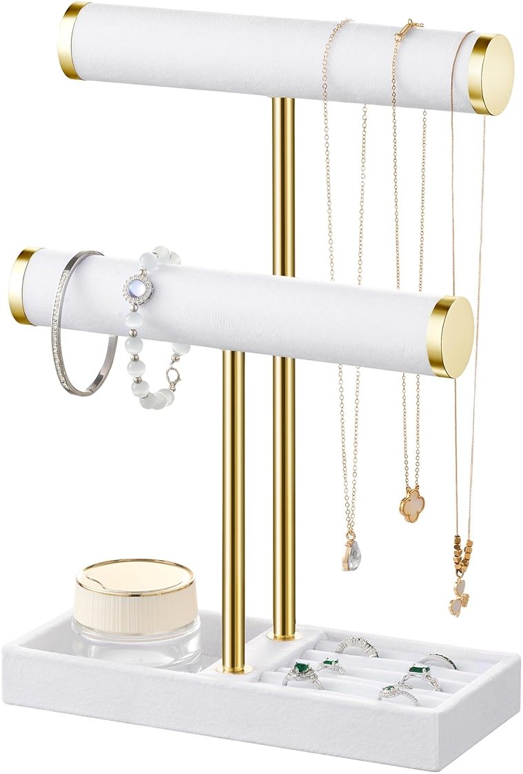 bussdis 2 Tier Bracelet Holder Display - Detachable T Bar White Velvet Bracelet Holder, Jewelry Holder Organizer for Bracelet, Necklace, Earrings, Rings - Product Image