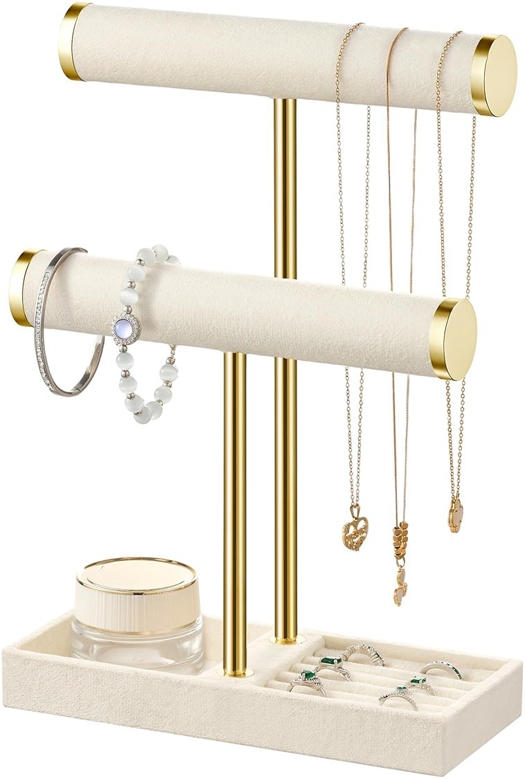 bussdis 2 Tier Bracelet Holder Display - Detachable T Bar Beige Velvet Bracelet Holder, Jewelry Holder Organizer for Bracelet, Necklace, Earrings, Rings - Product Image