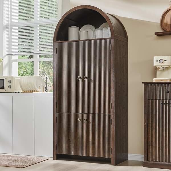 IFGET 71" Tall Arched Kitchen Pantry, Modern Fluted Wood Storage Cabinet with Doors, 3 Adjustable Shelves, 6 Door Shelves, Organizer, Versatile Cupboard for Kitchen, Bathroom, Brown - Product Image
