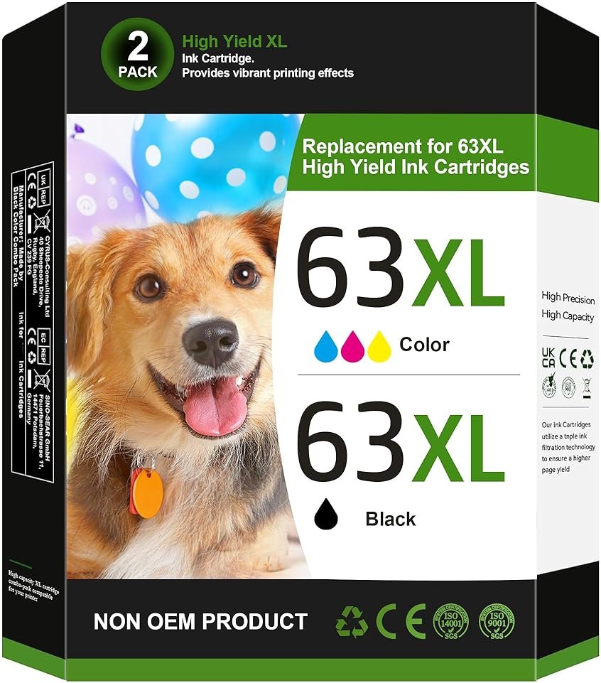 63XL Ink Cartridges Black and Color Replacement for HP Ink 63 for HP 63XL Ink Cartridge Combo Pack Work for HP OfficeJet 3830 4650 5255 5258 5200; Envy 4520 4512 4510; DeskJet 1112 2130 3630 (2 Pack) - Product Image