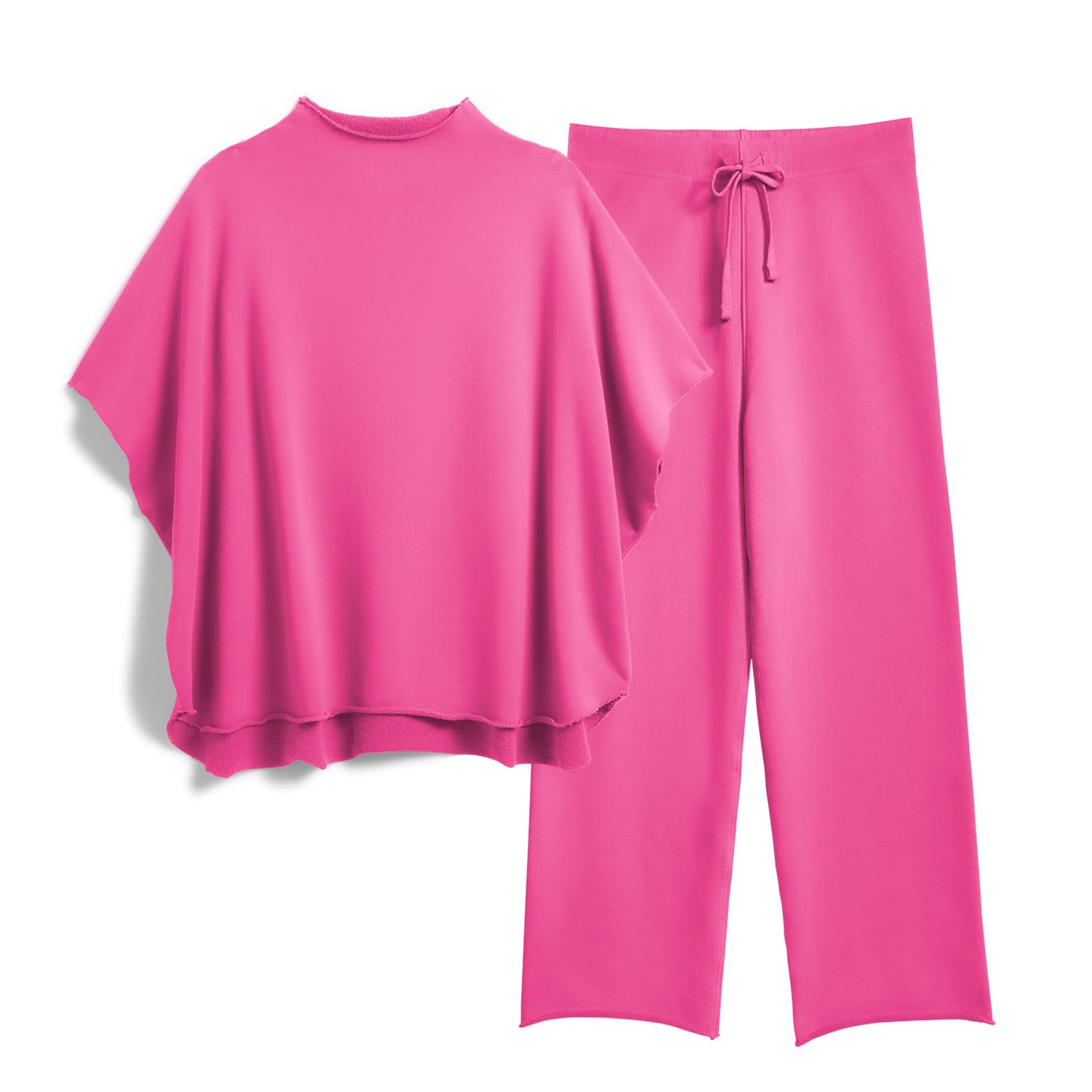 SeeLuNa Women's Two Piece Outfits 3/4 Batwing Sleeve Capelet Crew Neck Pullover Top Wide Leg Pants Lounge Set - Product Image