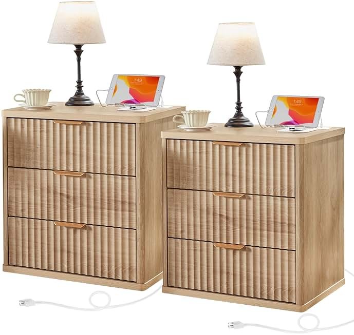 LEYAOYAO 23" Wide Fluted Farmhouse Night Stand Set of 2 with Charging Station, 3 Drawers Large End Table w/Metal Handle, Natural Nightstand Bedside Table,Wood Dresser for Bedroom, Closet - Product Image