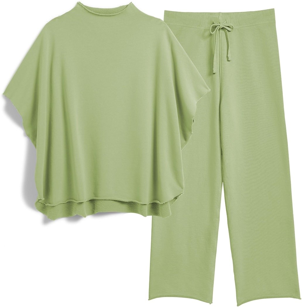 SeeLuNa Women's Two Piece Outfits 3/4 Batwing Sleeve Capelet Crew Neck Pullover Top Wide Leg Pants Lounge Set - Product Image