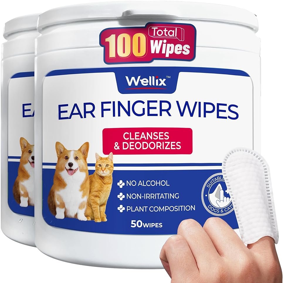 Wellix Pet Ear Cleaner Wipes for Dogs&Cats (100count) - Pure Chamomile Honeysuckle Dog Cleaning Finger Wipes - Natural Treatment for Itch Relief and Ear Infections - 2 Packs - Product Image
