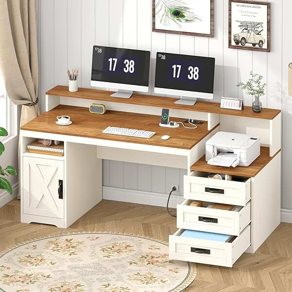 TVU Farmhouse Computer Desk with Drawers, 65'' Home Office Desk with Power Outlets, Storage Cabinet and Printer Stand, Study Writing Desks with Long Monitor Stand, Brown and White - Product Image