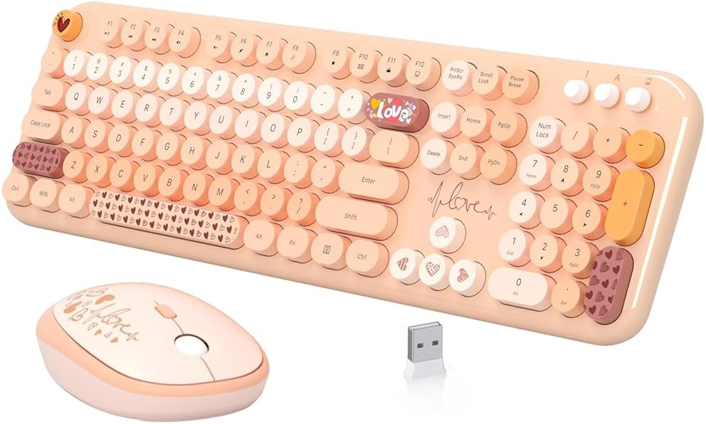 Wireless Keyboard Mouse Combo, Keyboard and Mouse Set,104 Round Keys Colorful Wireless Typewriter for MacBook Windows Laptop Tablet Coffee - Product Image