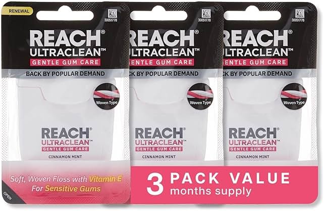 REACH ULTRACLEAN Gentle Gum Care Expanding Floss – Woven, Non-Waxed, PFAS-Free with Vitamin E, for Sensitive Gums, Cinnamon Mint 55YD (3-Pack) - Product Image