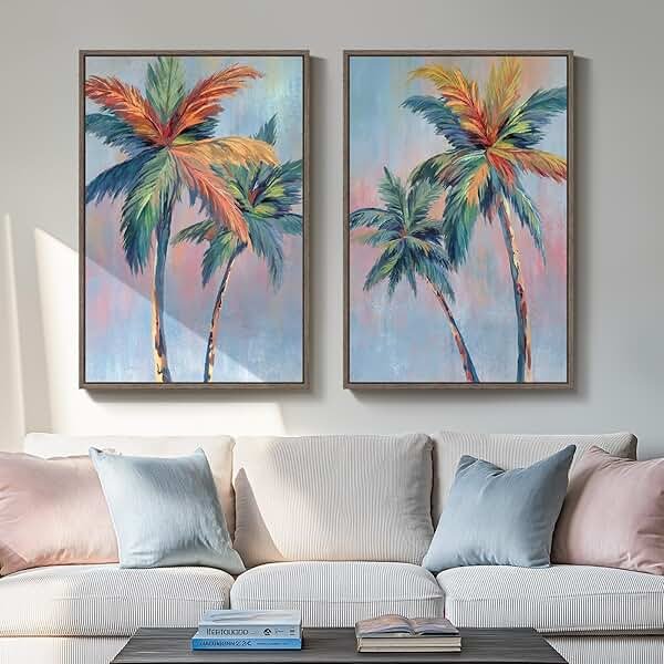 Framed Colorful Coastal Wall Art for Living Room Decor, Large Tropical Beach Palm Tree Canvas Artwork for Walls, 2 Piece Pop Paintings Prints for Hallway Bedroom Office Salon Wall Decor, 24x36 Inch - Product Image