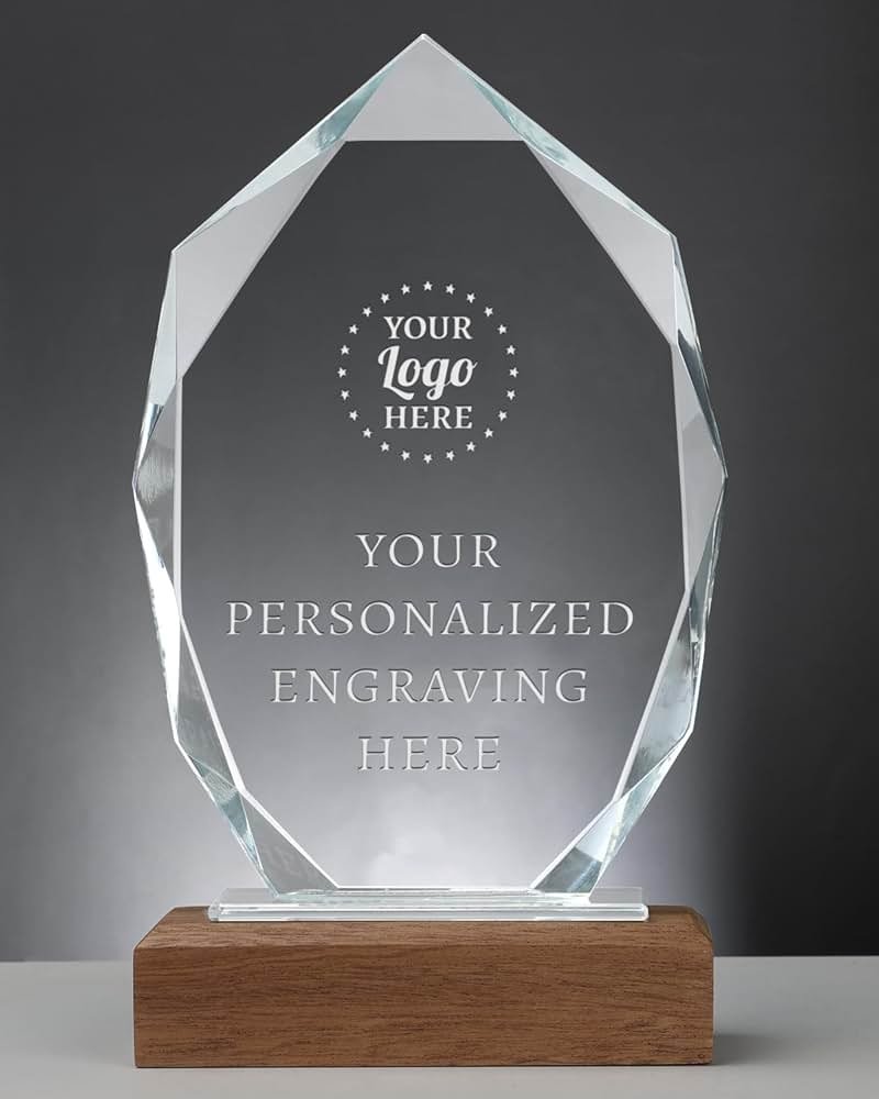 ZALHIN Personalized Crystal Trophy Award with Solid Wood Base - Custom Engraved Plaques for Employee Recognition, Sports Trophies, Thanks Gifts - Product Image