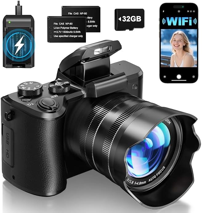 8K Digital Cameras for Photography - Autofocus 88MP WiFi Vlogging Camera for YouTube with Dual-Lens - 16X Digital Zoom Vlog Camera with Lens Hood, Flash, Touch Screen, 2 Batteries, 32GB TF Card - Product Image