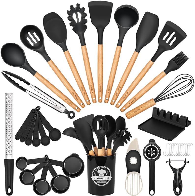 Astercook 39 PCS Kitchen Utensils Set, Silicone Cooking Utensil Sets with Wooden Handle, 446°F Heat Resistant Food Grade Spatula Set, BPA Free Kitchen Gadgets Tools Set & Spoons for Nonstick Cookware - Product Image