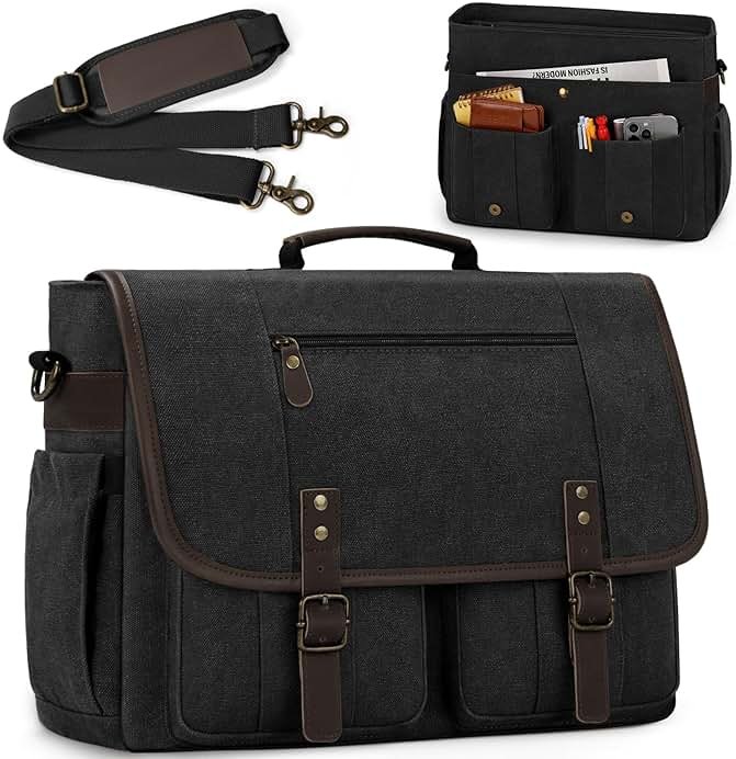 RAINSMORE Mens Messenger Bag 17-17.3 Inch Vintage Canvas Briefcase Water-resistant Large Computer Laptop Bag Rugged Satchel Shoulder Bag for Work Travel, Bookbag for College - Product Image