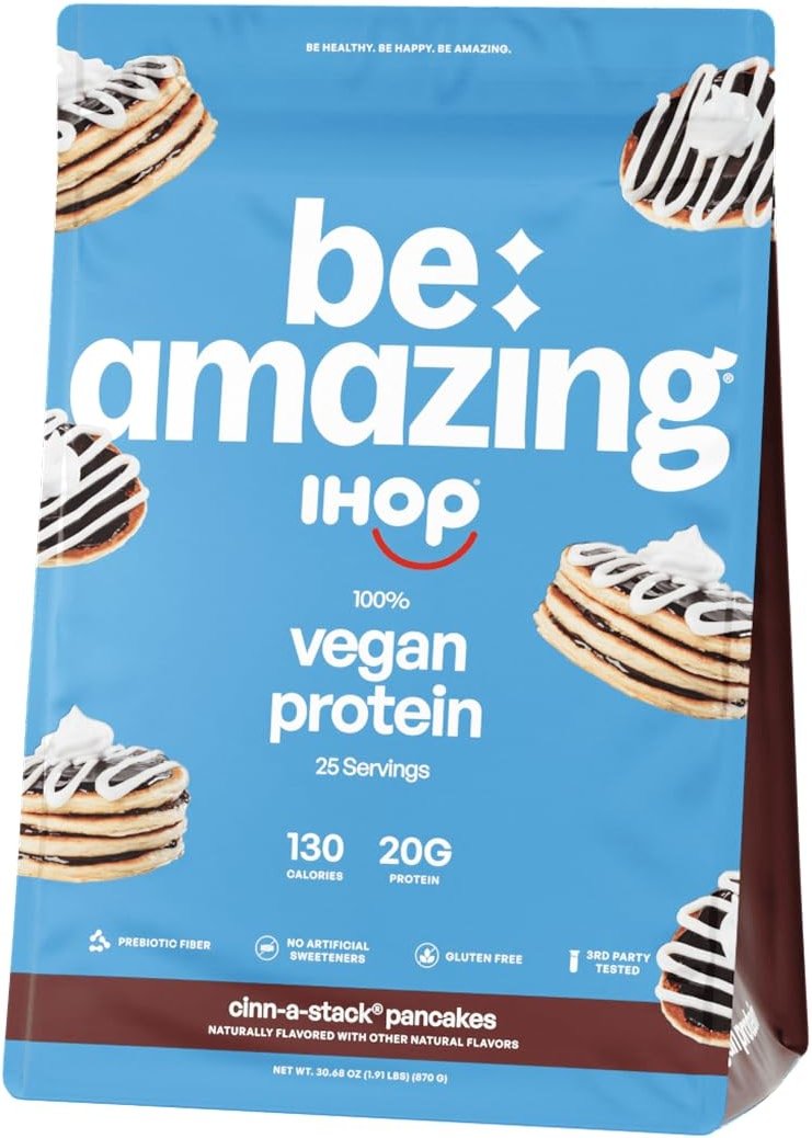 BE AMAZING Vegan Protein Powder, IHOP Cinn-A-Stack Pancake, 20g Plant Based Pea Protein, Prebiotic Fiber, Low Carb, Dairy Free, Gluten Free, Soy Free, No Added Sugar, 25 Servings - Product Image